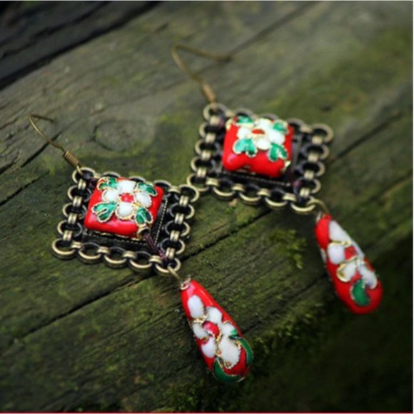 NEW Nepal Handmade Cloisonne Dangle Earrings - Picture 4 of 9